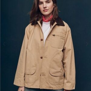 The Great Women's Tan Utility Barn Jacket with Leather Contrast Collar size M 2